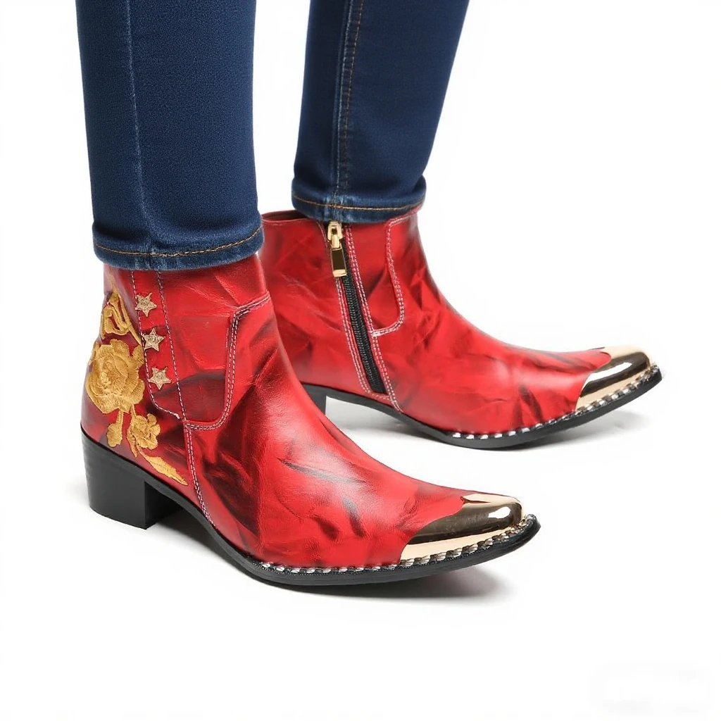 Herbst-Winter-Neue rote bestickte Stiefeletten für Herren, coole Metallkappe mit Nieten, Retro-Muster, seitlicher Reißverschluss, klobiger Absatz, modisch – Detail 2