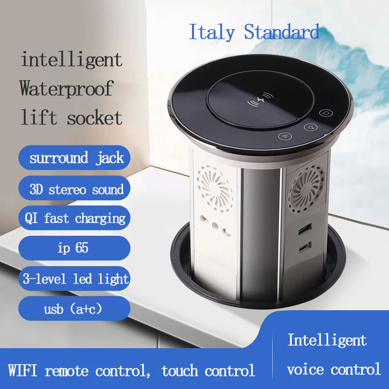 Desktop Waterproof Smart Electric Lifting Socket Island Wireless Charging Bluetooth Speaker Italian Standard Power Strip