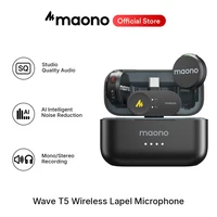 Micrófono inalámbrico de solapa Maono Wave T5 con filtro de voz mini y cancelación de ruido para grabación de video y transmisión en vivo, compatible con teléfonos y cámaras.