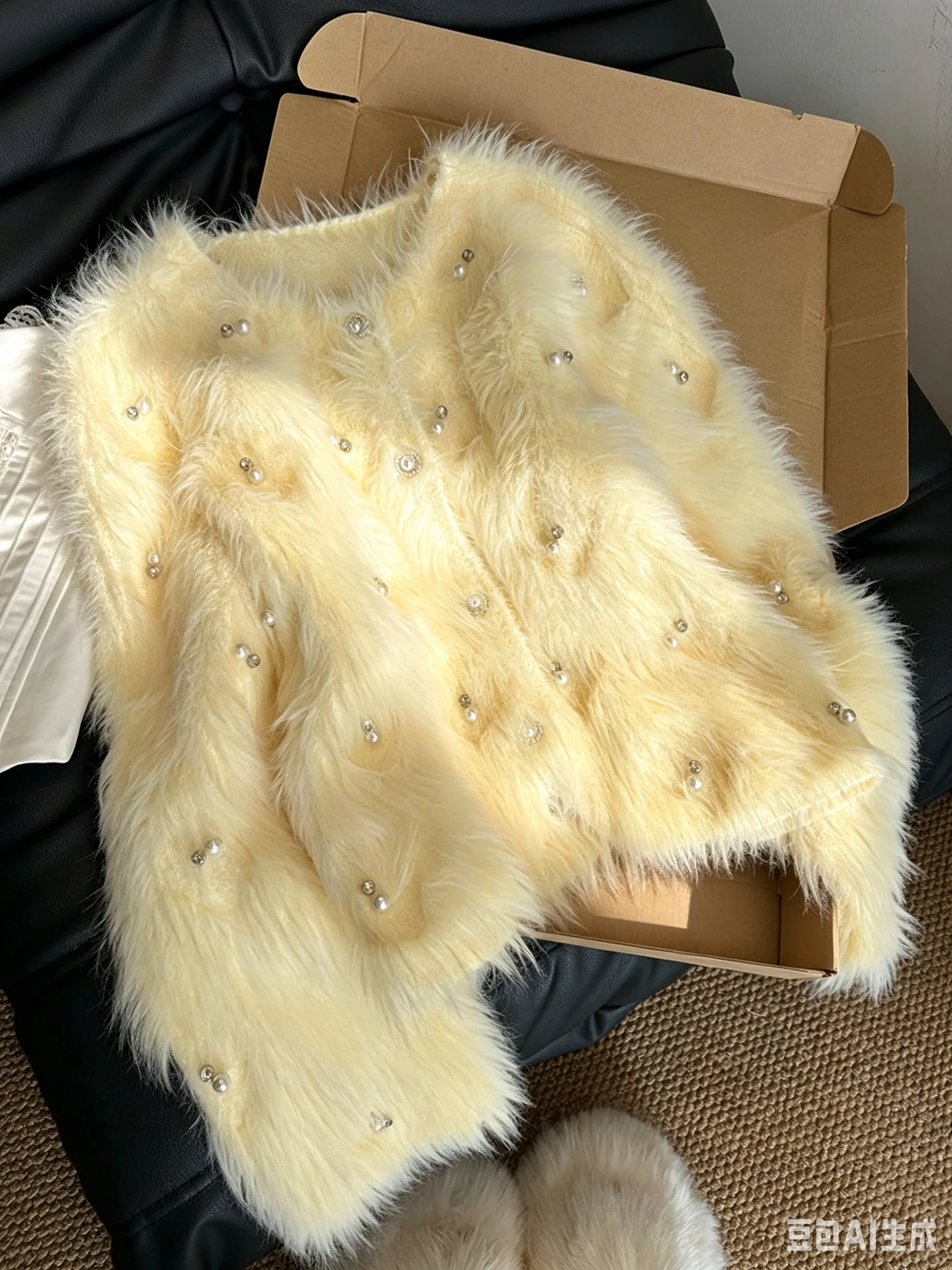 Chic Pearls White Yellow Cardigan Sweaters Women Elegant Sweet Faux Mink Cashmere Coats Long Sleeve Fashion Knitted Elegant Lady