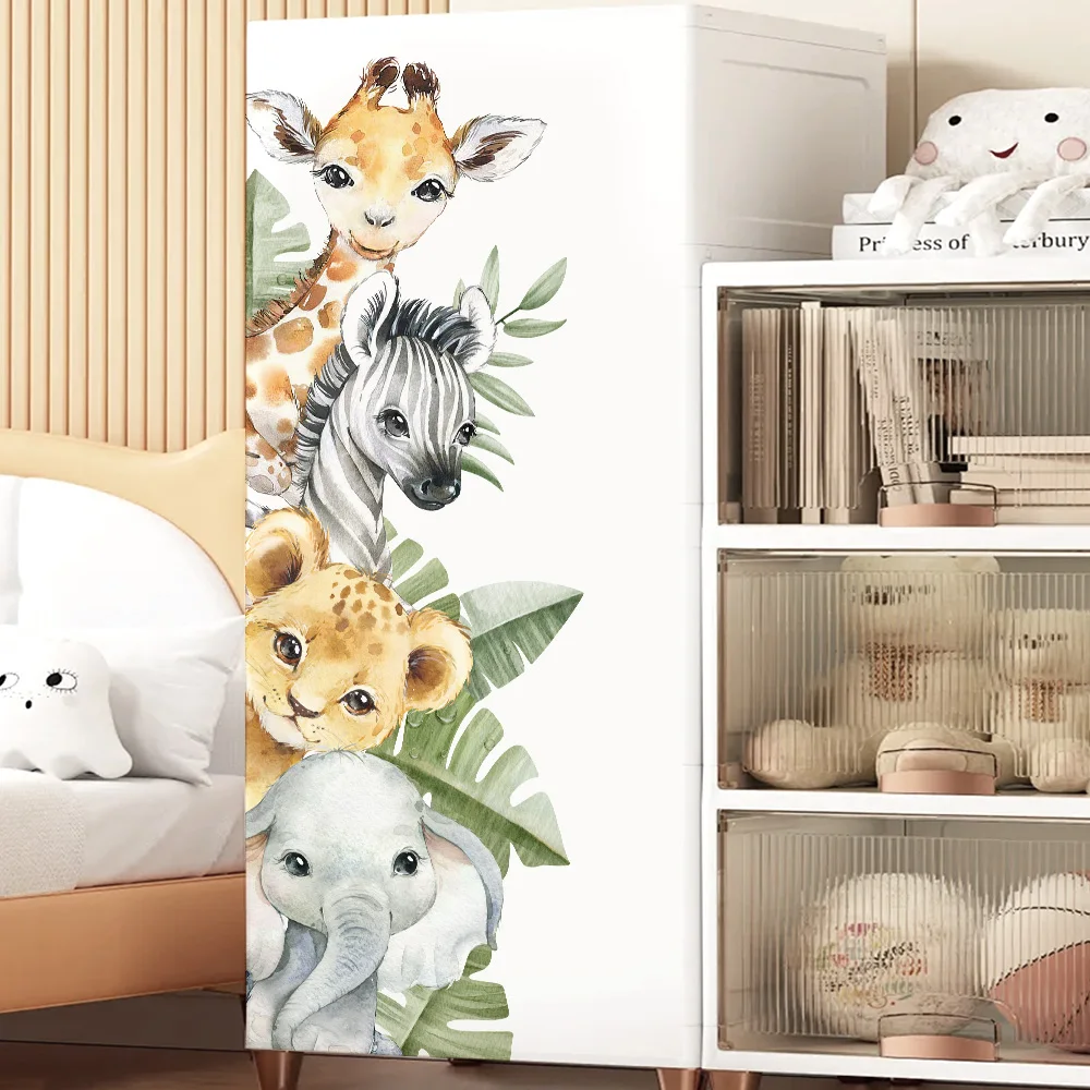 Watercolor Cute Animals Wall Stickers For Kids Room Home Decor Baseboard Self Adhesive Sticker Living Room Wall Decoration