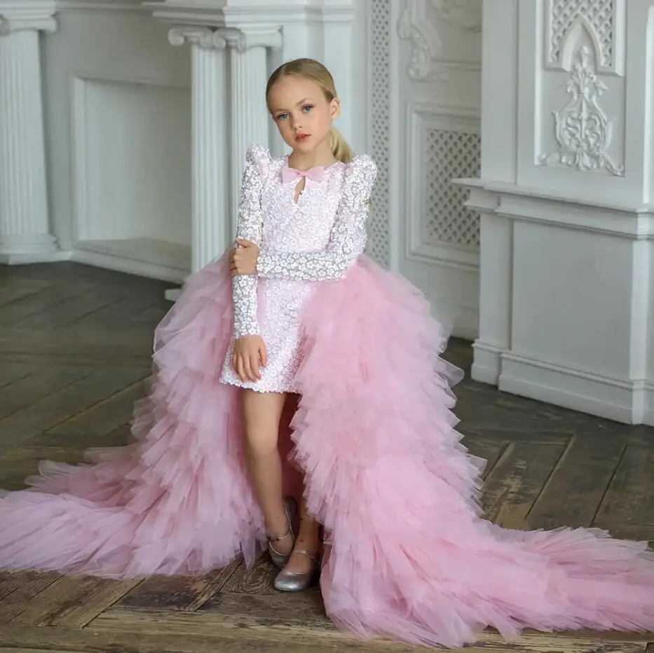 New Coming Pink Flower Girl Dresses for Wedding Long Sleeves Party Gowns 3D Applique Bow Tiered Detachable Train