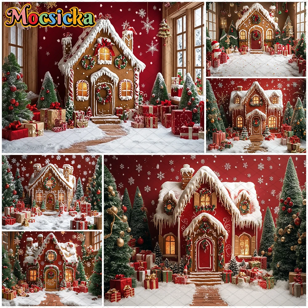 

Mocsicka Christmas House Photography Backdrop Xmas Tree Gifts Snowflake Decoration Kid Family Holiday Party Background Wallpaper