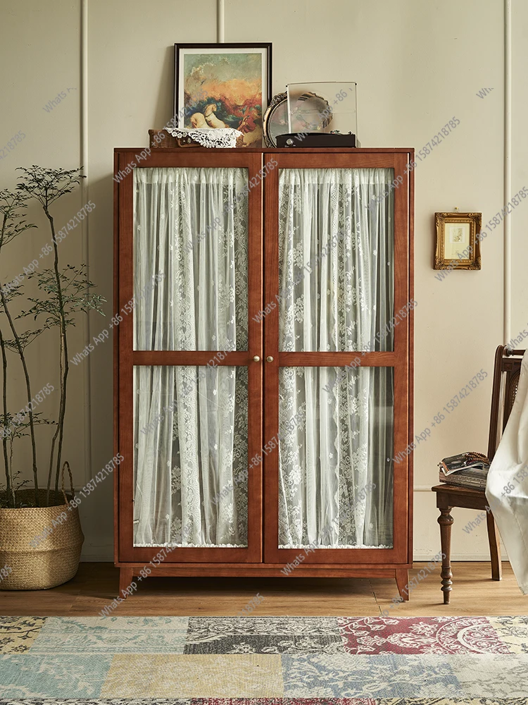

wardrobe retro cabinet bedroom hanging clothes large capacity cabinet wardrobe double door gauze curtain glass cabinet