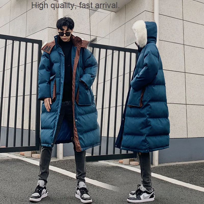 Large Contrast Color Fur Collar Cotton Coat Men's Winter Thick Coat Long Loose Cotton Coat Warm Hooded Cotton-Padded Jacket