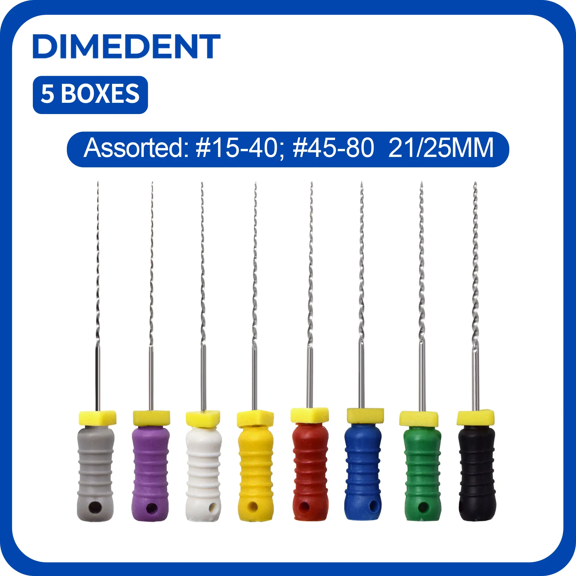 5Boxes DIMEDENT Non-Cutting Tips Design Root Canal Dental Tool 21/25mm #15-40 Stainless Steel Reamers Files Hand Use Endo R File