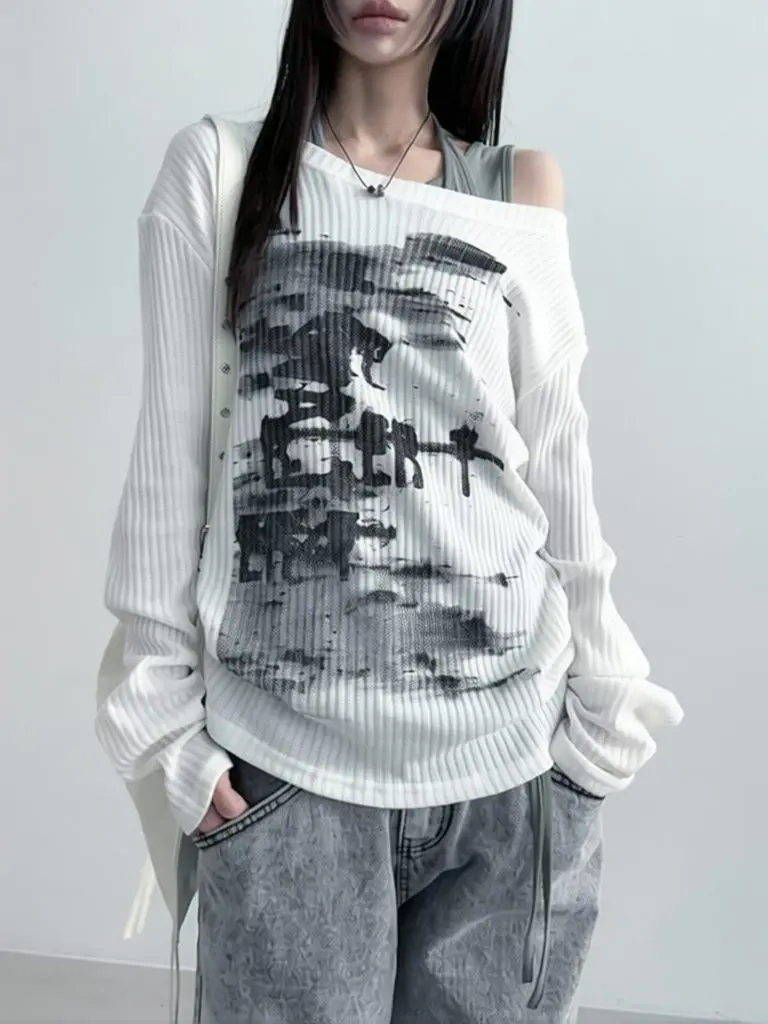 White Y2k Graphic Off Shoulder T Shirt Women Layering Oversized One shoulder Outwear Top Cozy Boat Neck Long Sleeve Basic Tee