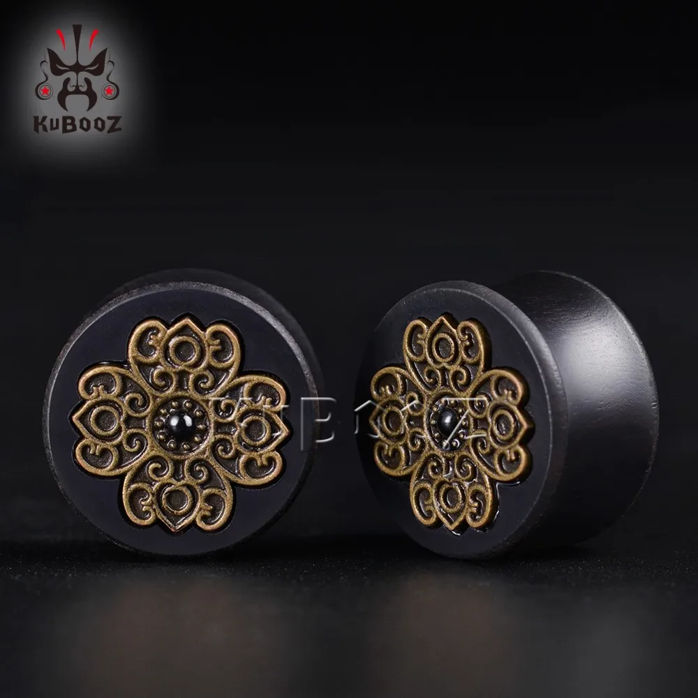 KUBOOZ Vintage Wood Flower Ear Tunnels Plugs Expanders Piercing Gauges Body Jewelry Earring Stretcher 2PCS 8mm-25mm