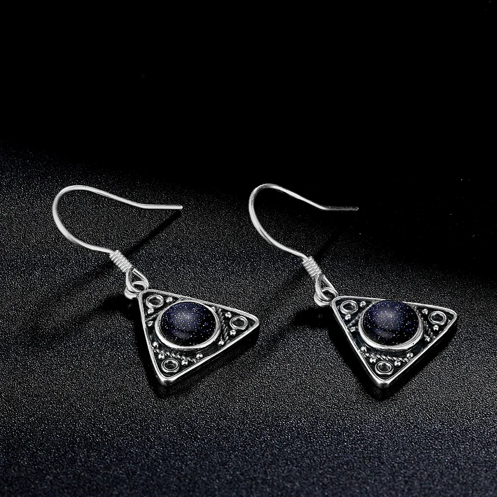 

925 Sterling Silver Drop Earring Round 6MM Blue Sandstone Earrings for Women Vintage Ear Jewelry Triangle Pendant Earrings