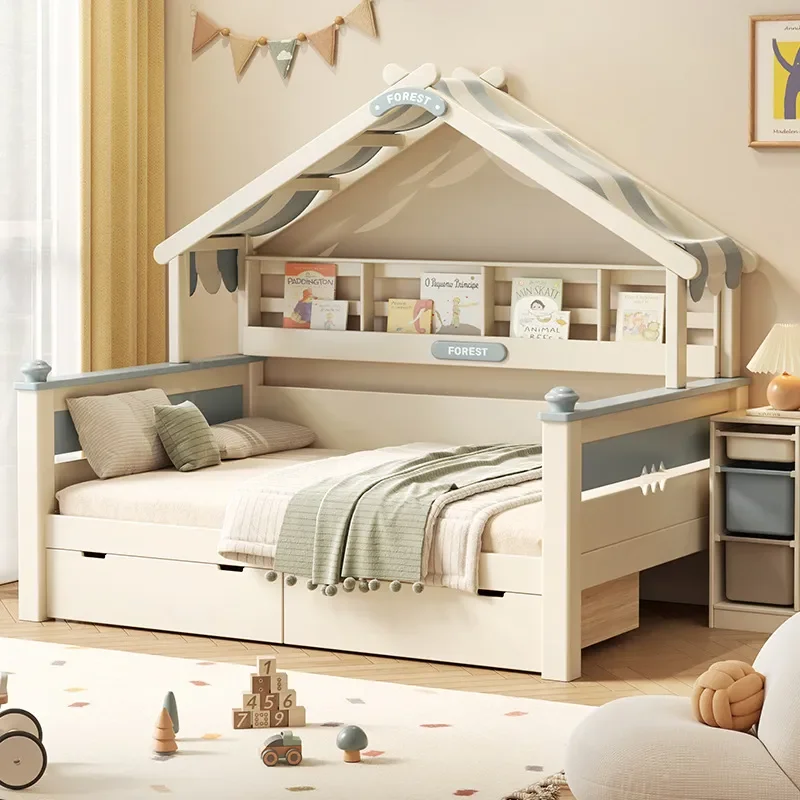 for Solid Wood Children Bed 1.5m Wooden House Bed with Trailer Guardrail Baby Single Bookshelf Integrated  Boy Tree
