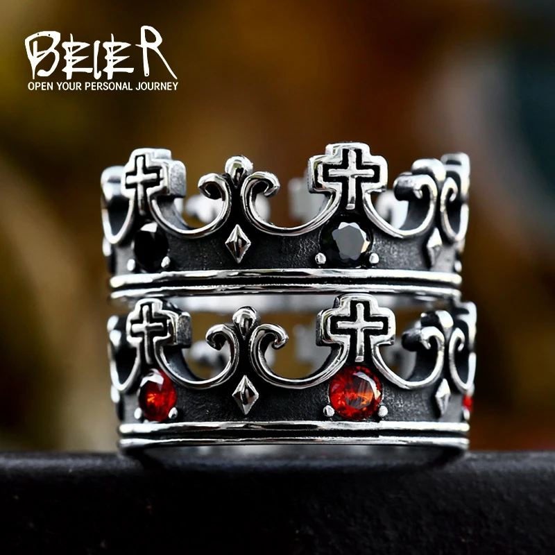 BEIER  New Vintage Northern Europe Stainless Steel crown Ring black/red colour Stone Fashion Retro Cool Jewelry BR8-1140