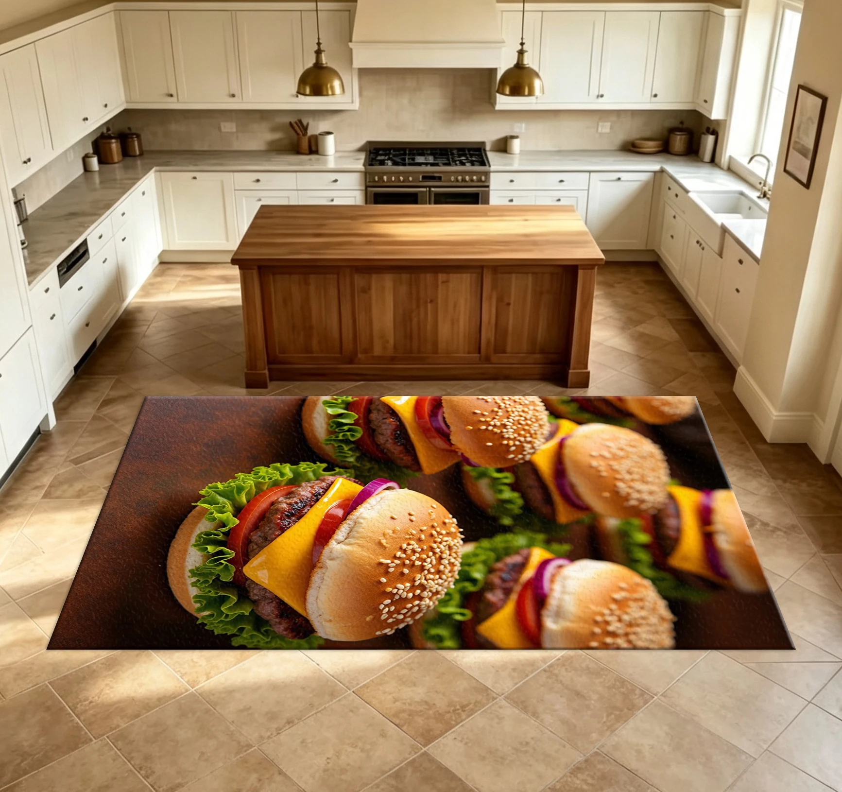 Delicious Cheeseburger Pattern Carpet Creative Food Print Floor Mat Suitable for Kitchen and Restaurant Decoration