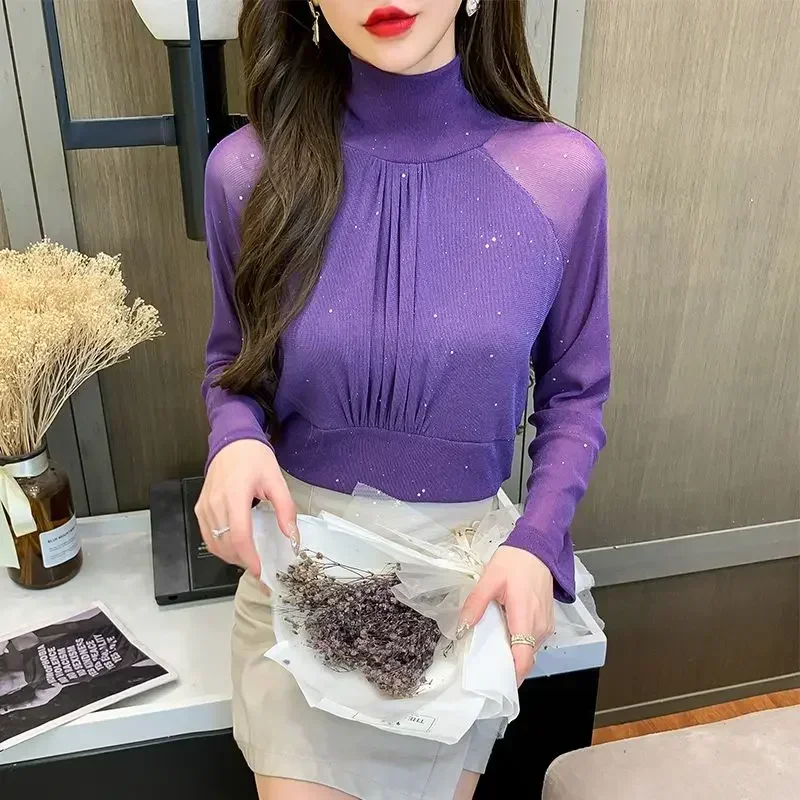 

Woman Korean Popular Clothes With Sleeves Pulovers Kpop Sequin Long Sleeve T Shirt for Women Rhinestone Slim Plain Glitter Tops