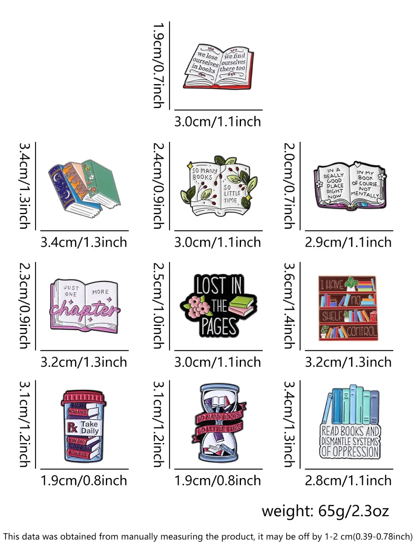 10-Piece Book Lover Pin Set with Bookshelf, Hourglass, and Unique Reading Inspiring Quote Designs, Bibliophile Collection Accessories, Booklovers, Lost, Pages