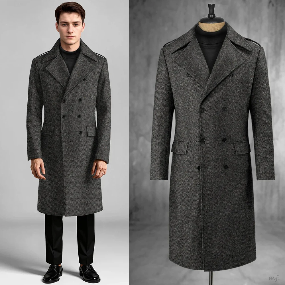 Men's Extra Long Herringbone Wool Coat 1 Piece Classic Double Breasted British Fashion Personalized Design Customized