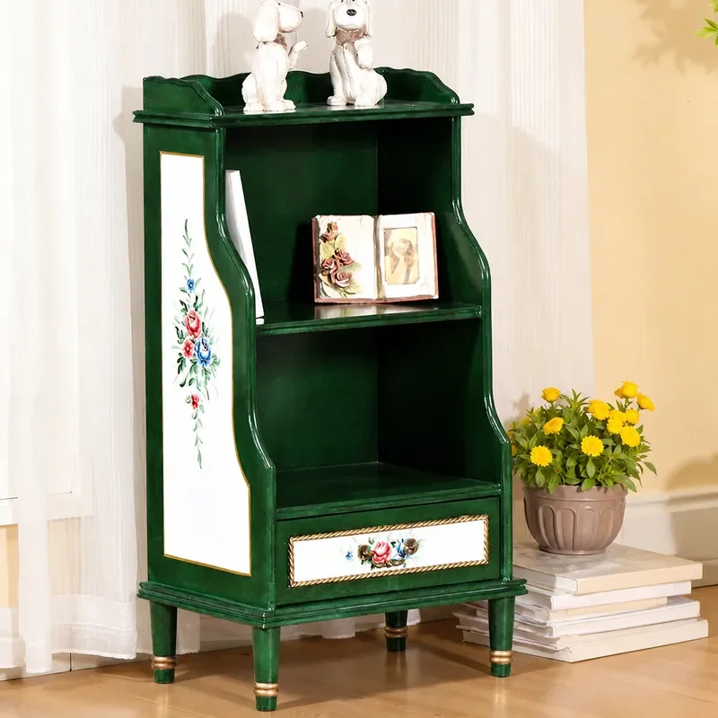 Retro Green Hand Painted Solid Wood Bookshelf Pastoral Storage Cabinet Narrow Living Room Bookcase Shelf