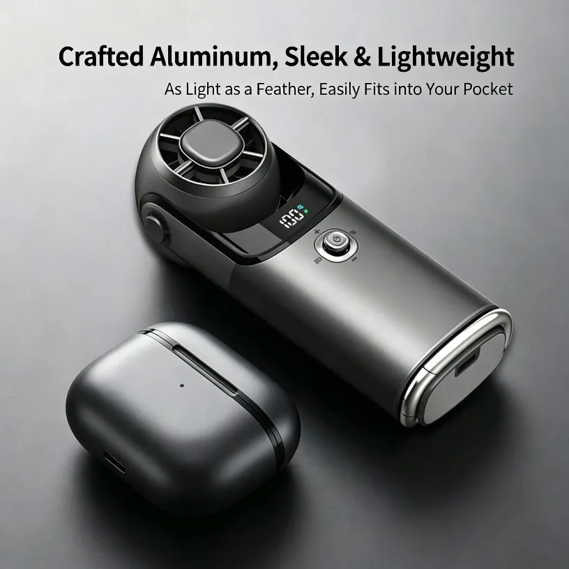 2026 Mini Ice Cooling Handheld Fan Semiconductor Turbo 100 Speed 3600mAh Rechargeable LED Display Portable Aluminum Neck Desktop