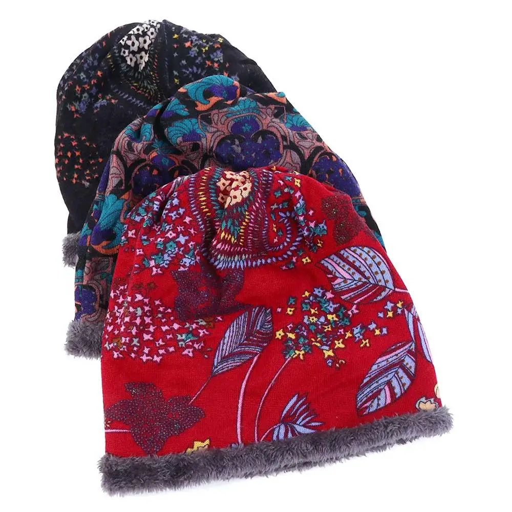 Winter Cap Autumn Print Flower Multifunctional Soft Neck Warm Velvet Bonnet Beanie Bib Hats Women Hat