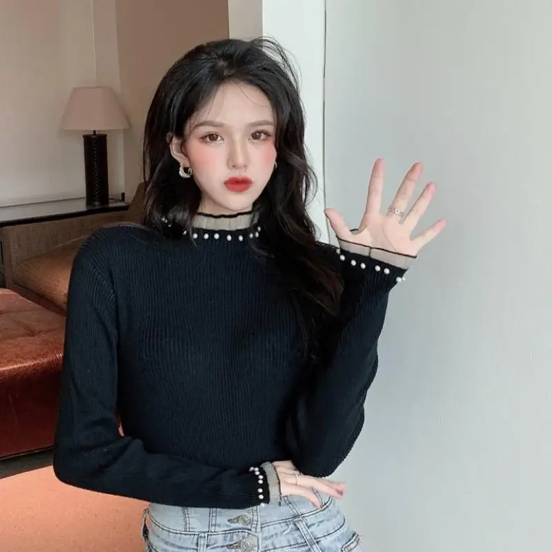 

Элегантный облегающий вязаный свитер с воротником-стойкой и кружевом, женский, с цветочным узором и жемчугом, с длинными рукавами, базовый слой, вязаная рубашка