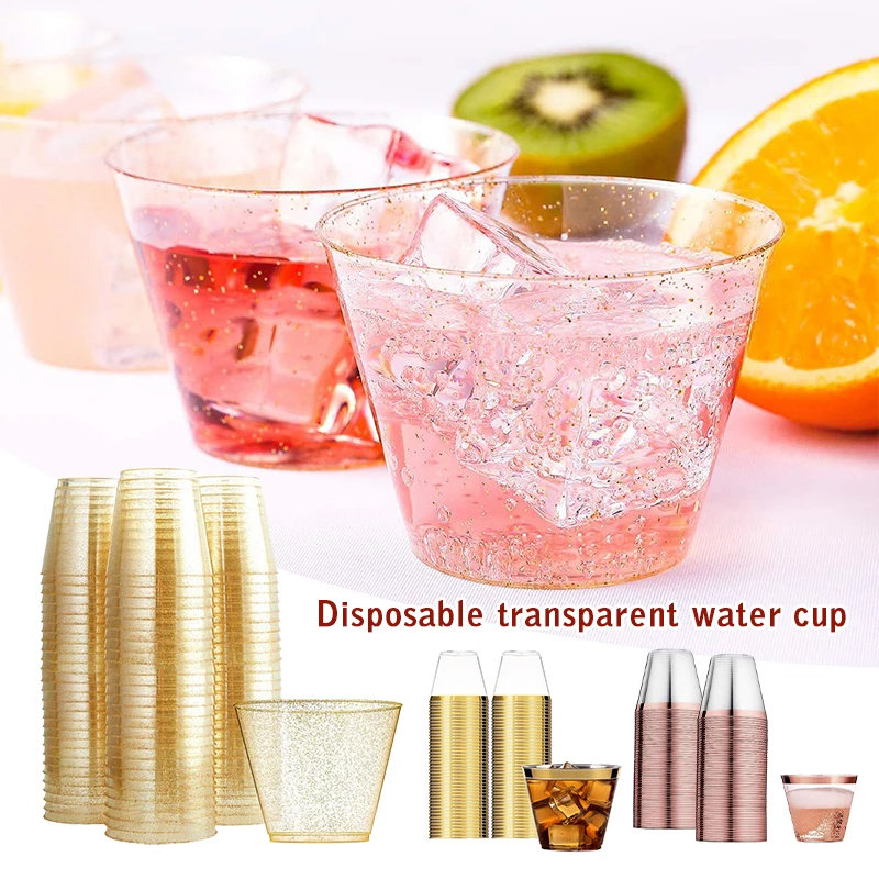 

25pcs Golden Edge Transparent Water Cup 9 Oz Disposable Cup Plastic Wine Juice Glass Party Wedding Salad Dessert Ice Cream Bowl