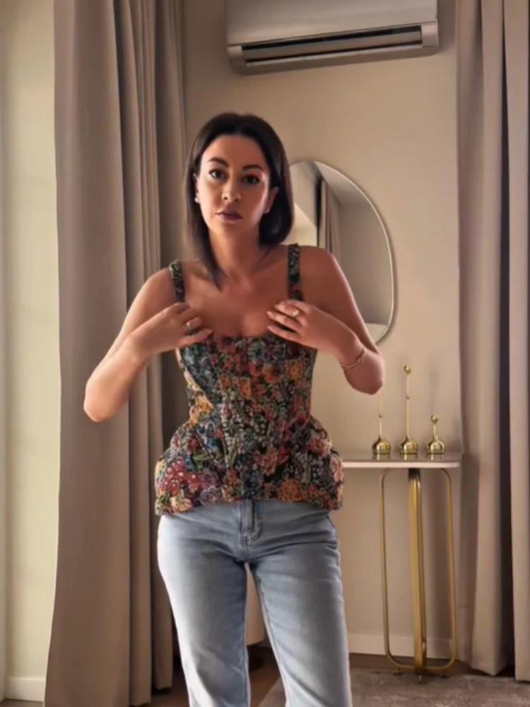 Luxury Floral Print Corset Top Women Elegant Square Neck Spaghetti Strap Sleeveless Peplum Bustier Blouse Summer Date Party Wear