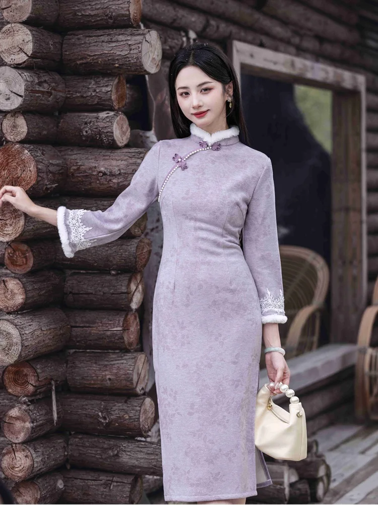 

Зима 2029, фиолетовое новое замшевое платье с перевернутыми рукавами, улучшенное женское платье Ципао, новое китайское длинное платье Ципао