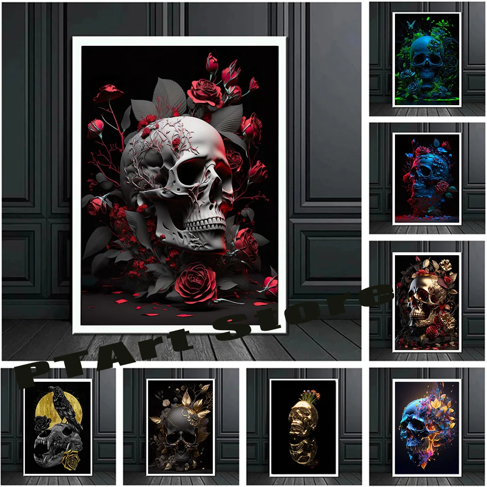 

Abstract Metal Skull Statue Canvas Golden Prints Posters Painting Wall Art Pictures for Living Room Home Decor No Frame Cuadros