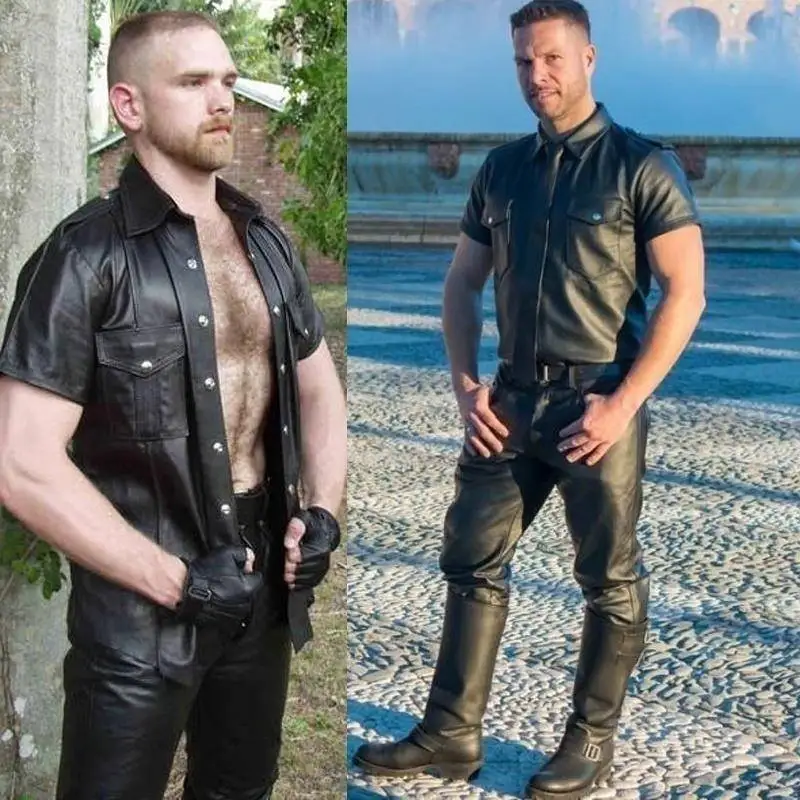 

Men's Slim Fit PU Leather irt arp Collar ort Sve Basic Sle Summer Faion Youth ular Color Decorative Stitch