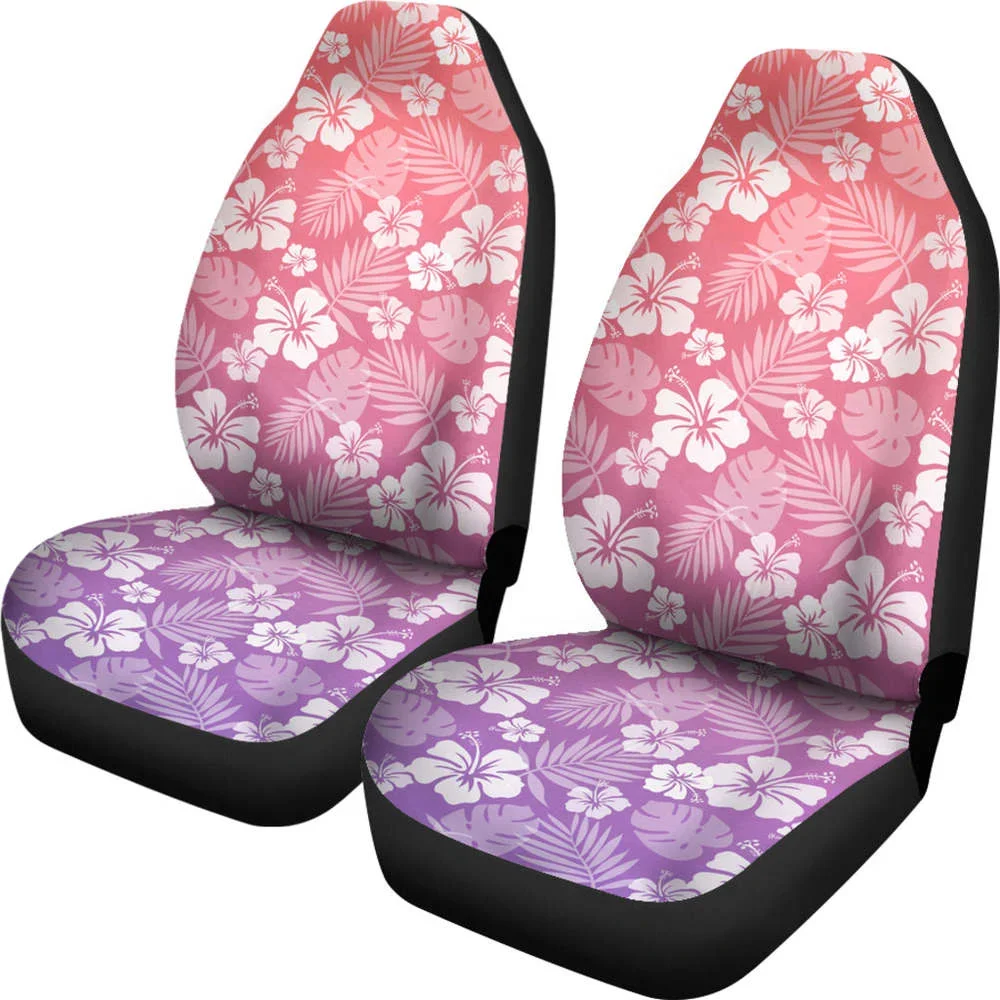 Purple and Coral Ombre Car Seat Covers With White Hibiscus Flower Patt,Pack of 2 Universal Front Seat Protective Cover