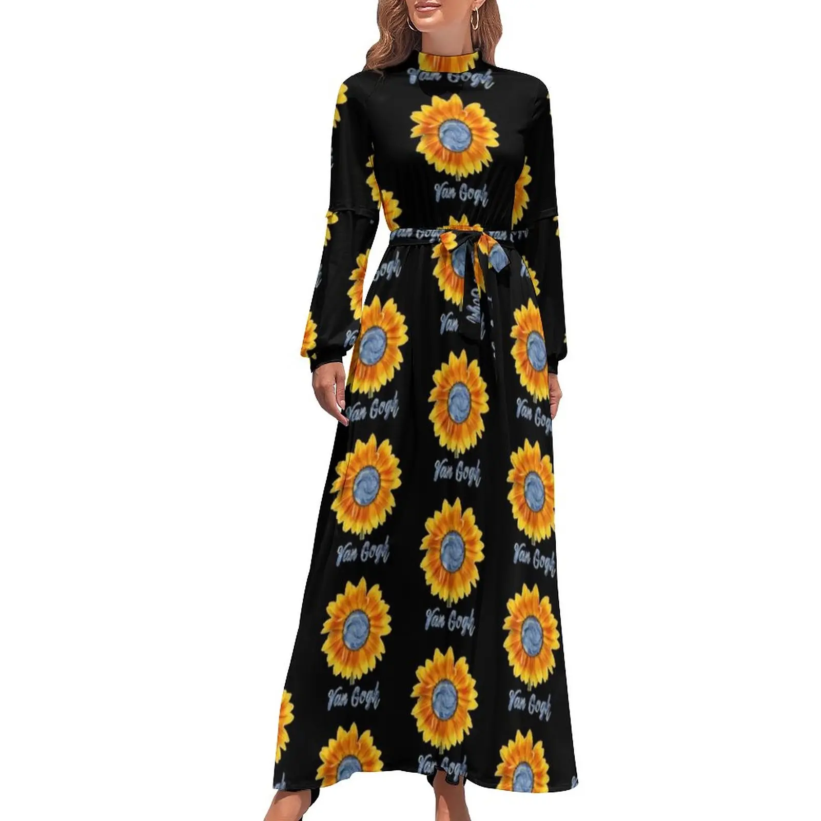 Sunflower Art Dress Van Gogh Starry Night Sunflowers Street Wear Bohemia Dresses Woman Long-Sleeve High Neck Long Maxi Dress