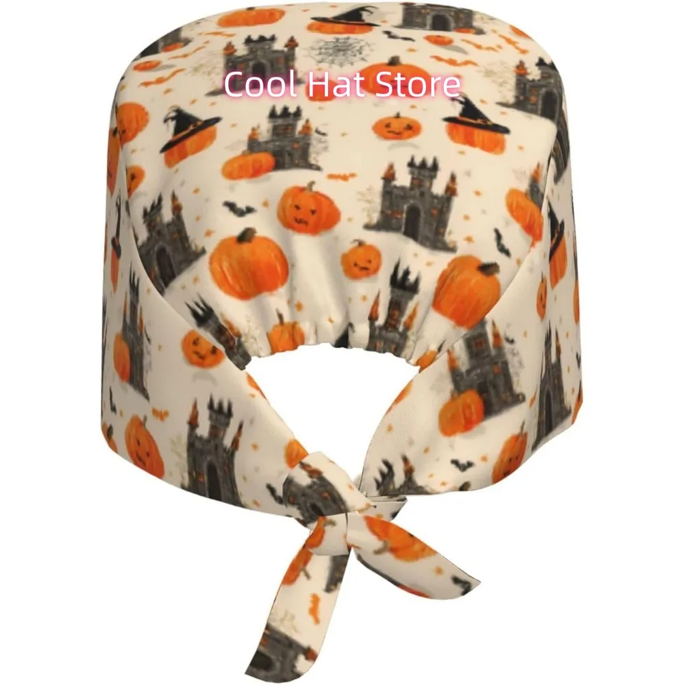 1pc Adjustable Scrub Cap with Sweatband - Lightweight 100%, Fun Halloween & Everyday Cap with Spooky Castle & Jack-O-Lantern Des