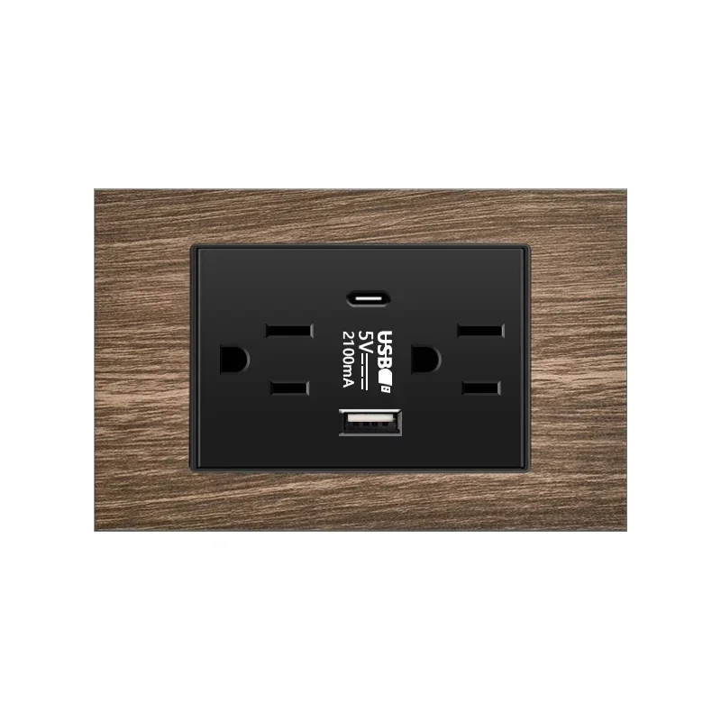 American Aluminum Wood Wall Switch Socket Plug,US Mexico Standard Wood Grain Wall USb Type C Power Outlet Light Switch Panel