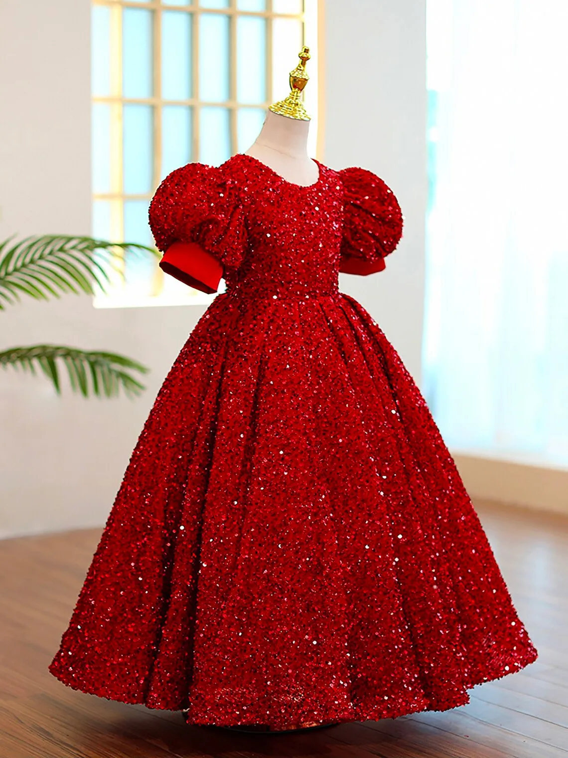 Glitter Red Sequin Flower Girl Dresses Long Christmas Party Dress Short Sleeves Birthday Pageant Wedding Guest Dress for Girls