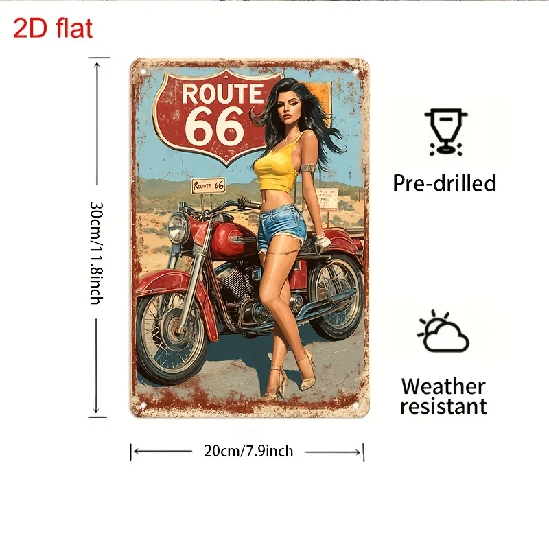 2D flat, vintage metal Decorative sign |route 66 cycling wall decoration |Durable, pre perforated, easy to hanging, 20x30cm