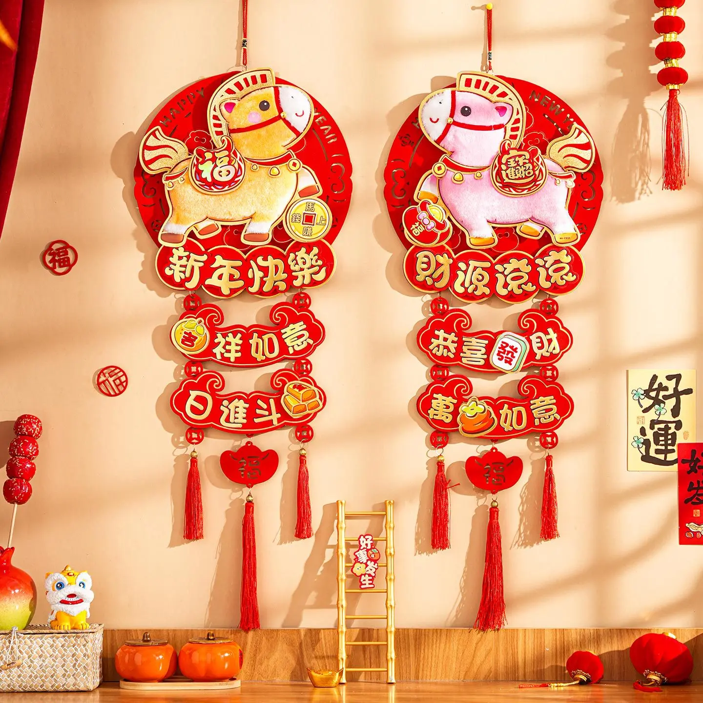 الحلي القطيفة لزينة السنة الصينية الجديدة 2026 سنة الحصان السحر متجر ترتيب جو الخلفية