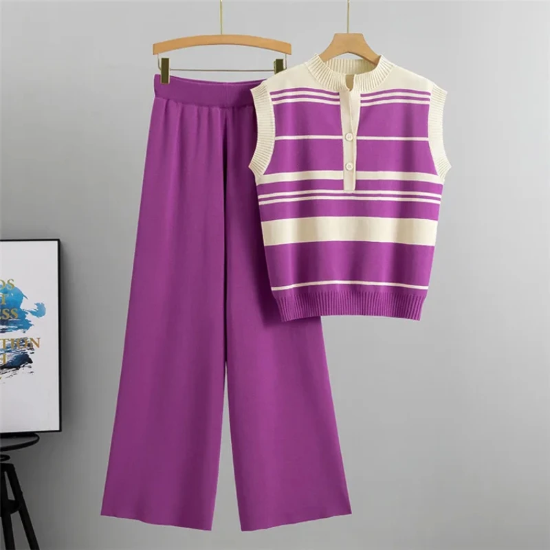 

2024 Spring New Women Sweater Set Casual Pullovers Suits Winter Knitted Loose Striped Sleeveless Elegance Tops Wide Leg Pants