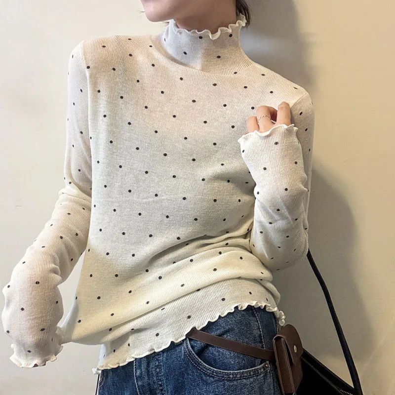 

Knitted Sweater Women Pullovers New Long Sleeve Mock Neck Dot Knit Sweater Pullover Women Tops Sweaters Sueters De Mujer Q1400