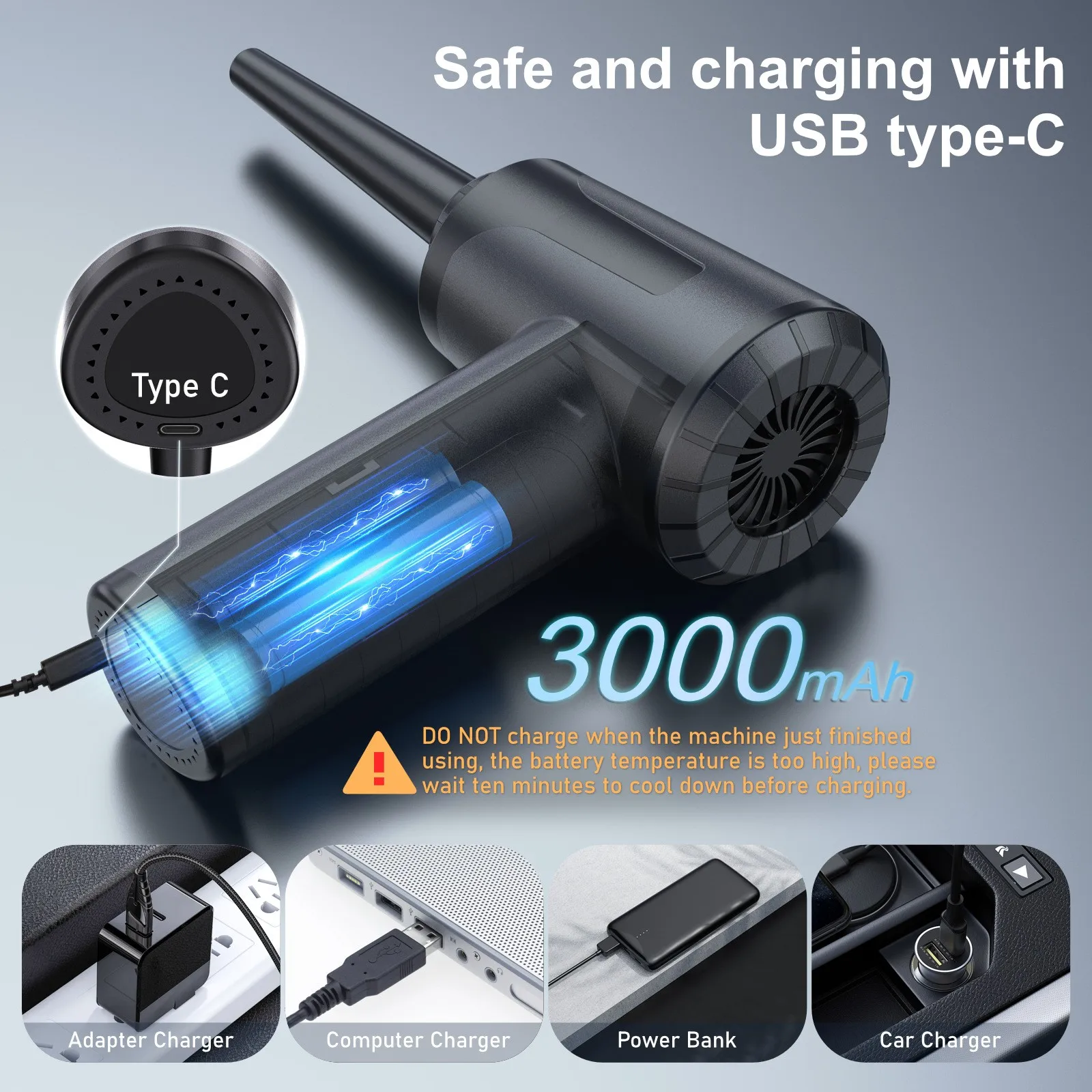 USB Protable Air Duster for Computer Cleaning 53000RPM Cordless Compressed Air Blower Hair dryer for PC computers Keyboard Clean