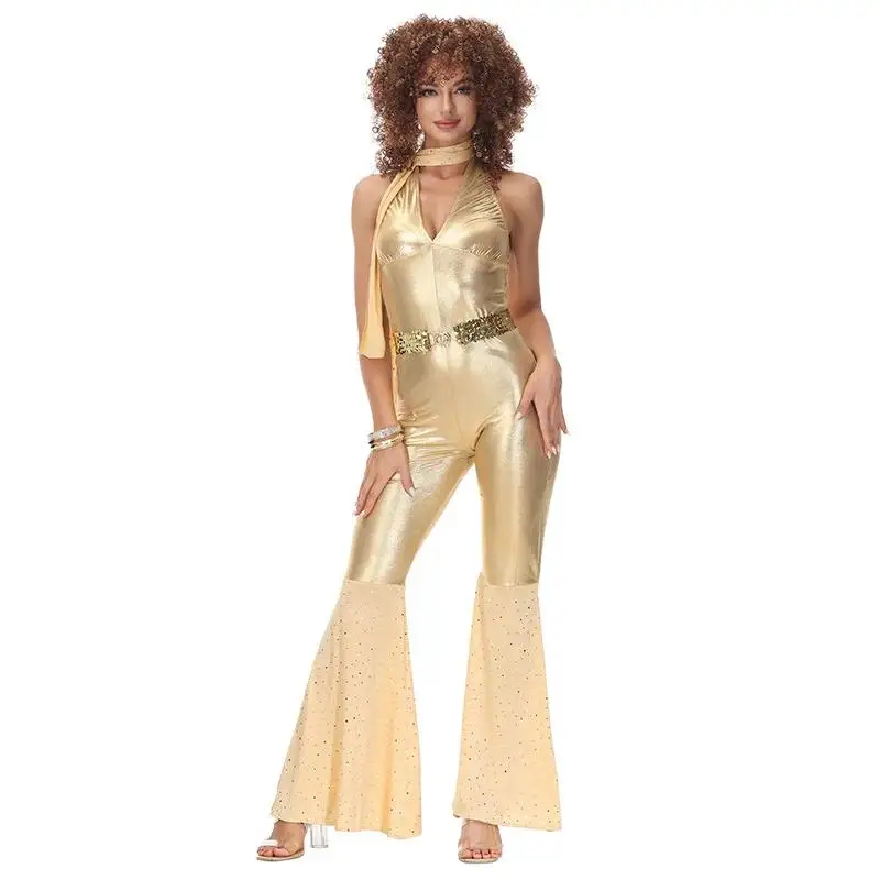 

Adult Women Retro 70s Disco Singer Dancer Sequins Gold Jumpsuit Halloween Cosplay Costumes Role Play Outfit
