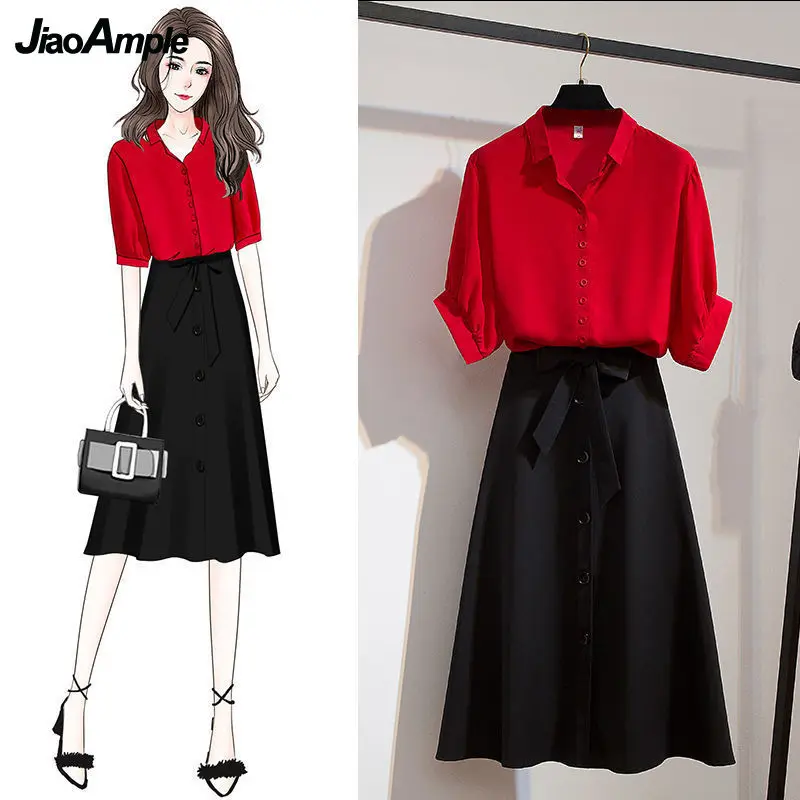 Office Lady Graceful Casual Red Shirt Black Bowknot Waist Skirts Two Piece Dress Set 2023 Summer Fashion Women\'s Work Outfits