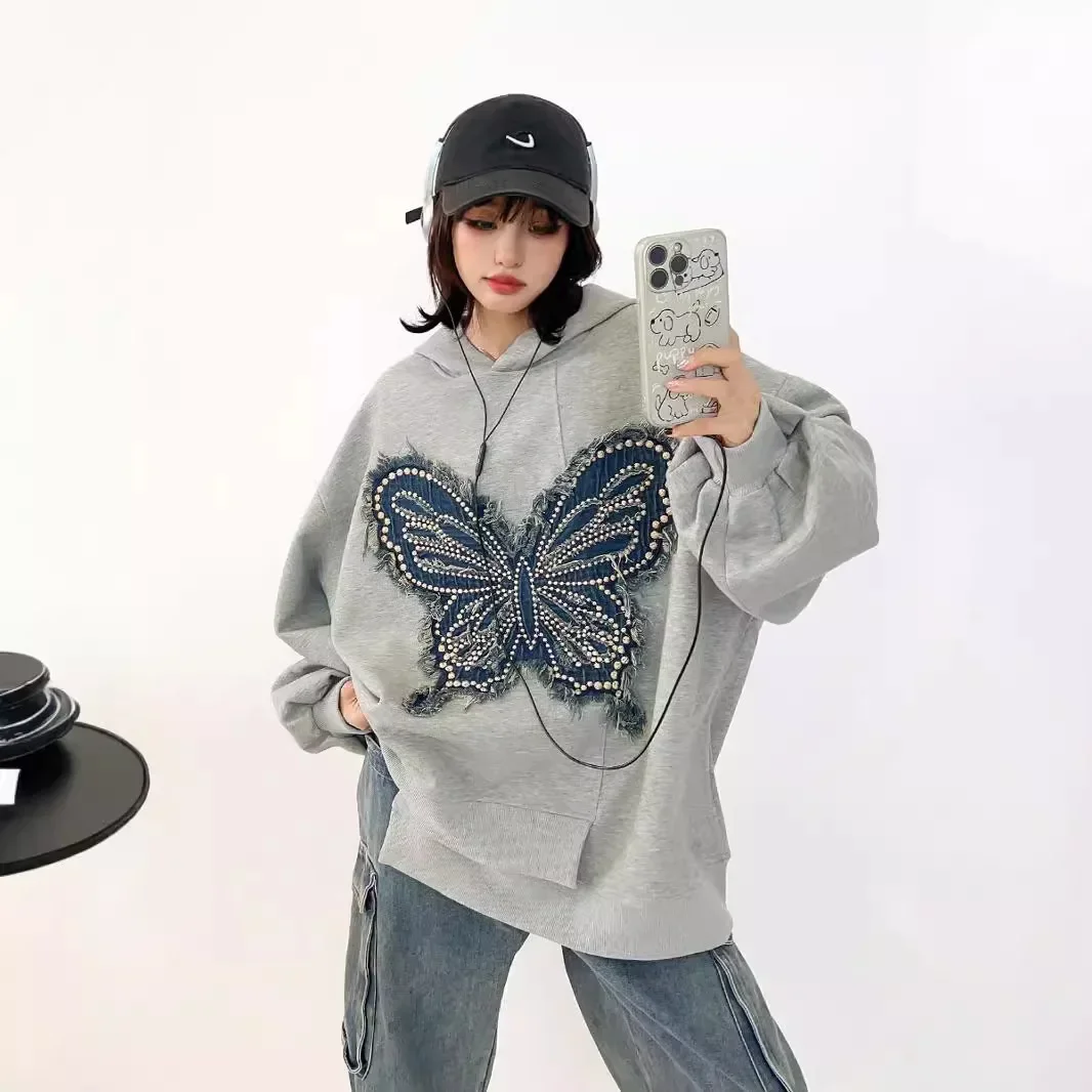 Heavy Industry Butterfly American Retro Oversized Hoodies Women Autumn New Irregular Loose-Fitting Casual Pullovers Sweatshirts