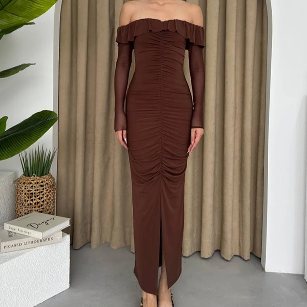 Customized Fashion Jersey Straight Front Slit Off the Shoulder Evening Dress Temperament  Floor Length vestidos de fiesta