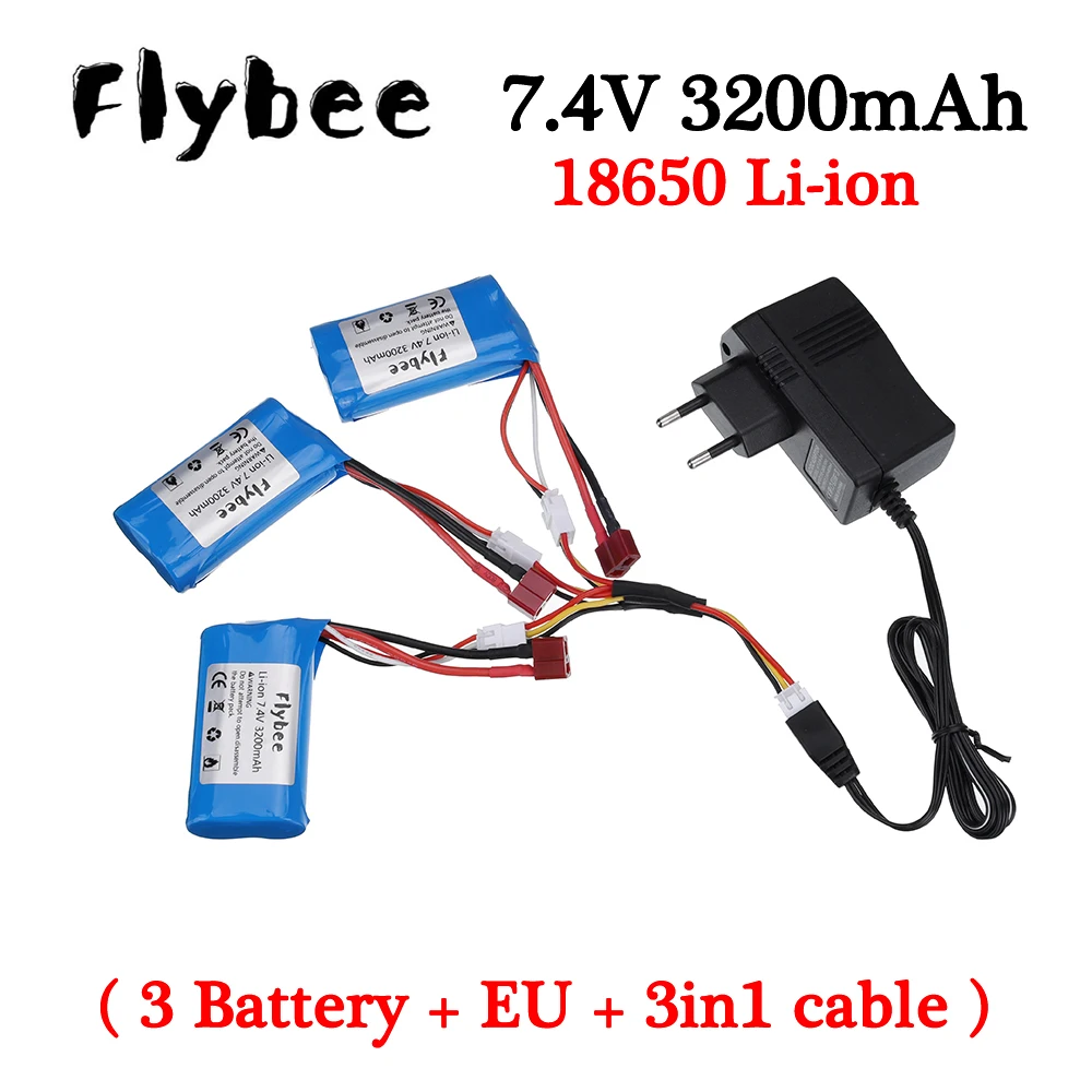 (T プラグ) 18650 7.4V 3200mAh リチウムイオンバッテリー 2S Wltoys 12423 12428 10428 RC カー電気おもちゃ (3 バッテリー + EU + 3in1 ケーブル)