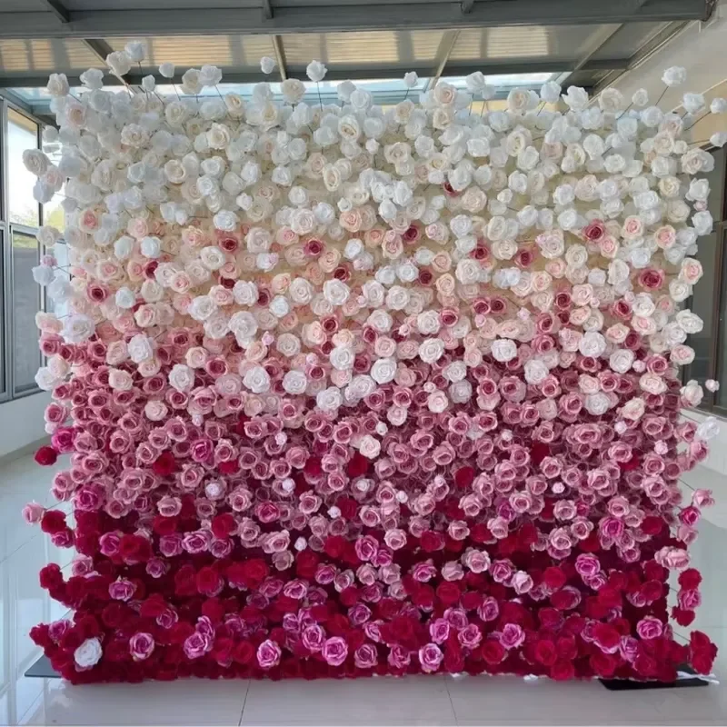 Handmade 8Ft X 8Ft 5D Gradient Pink Red Artificial Flower Rose Flower Wall High-End Wedding Backdrop for Ceremony Decoration