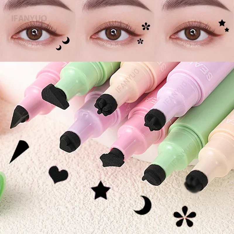 Lápiz Delineador de ojos con forma de luna, flor, estrella, 2 en 1, delineador de ojos líquido negro, lápiz triangular de corazón de amor, maquillaje cosmético de secado rápido resistente al agua