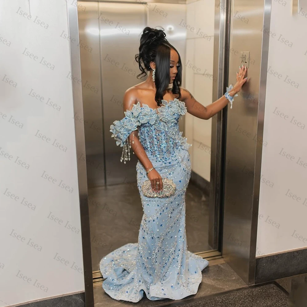 

Африканское синее вечернее платье с 3D листьями, роскошные кристаллы, бисер, длинные вечерние платья русалки для чернокожих женщин, свадьбы по индивидуальному заказу