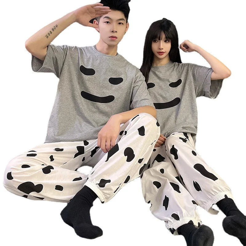 New men\'s couple pajamas summer round neck short-sleeved trousers loose casual cartoon cute loungewear suit can be worn outside