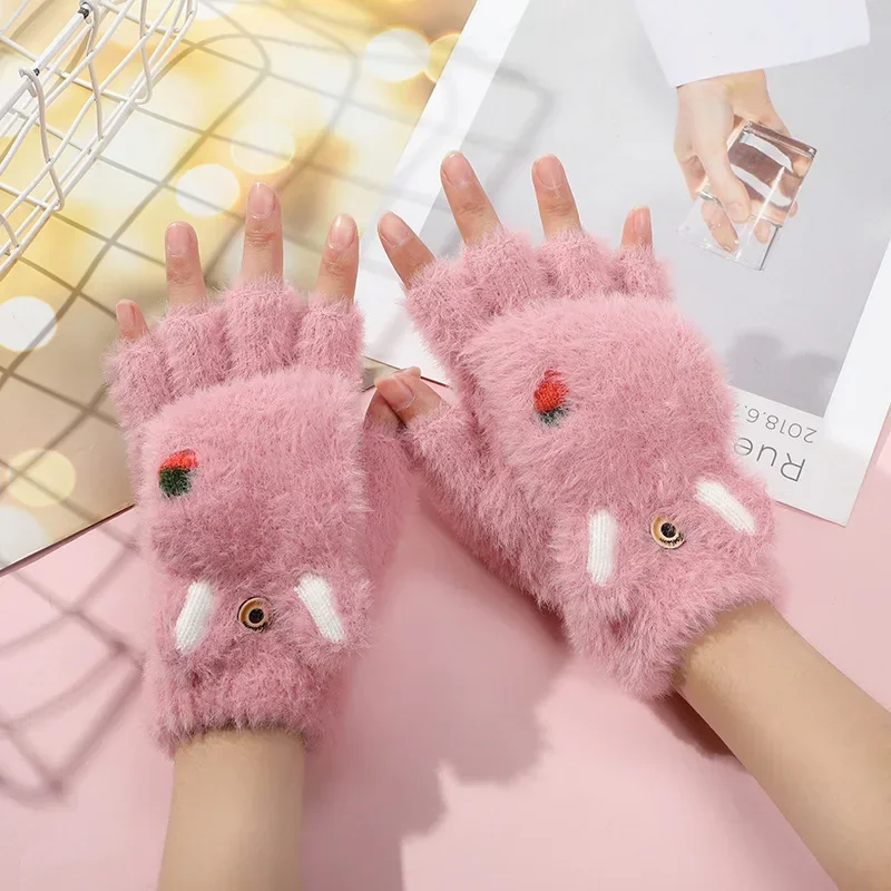 Warm Gloves Female Winter Half Finger Cartoon Plush Autumn and Winter Fleece Thick Work Gloves Wholesale Kawaii Rabbit Mittens