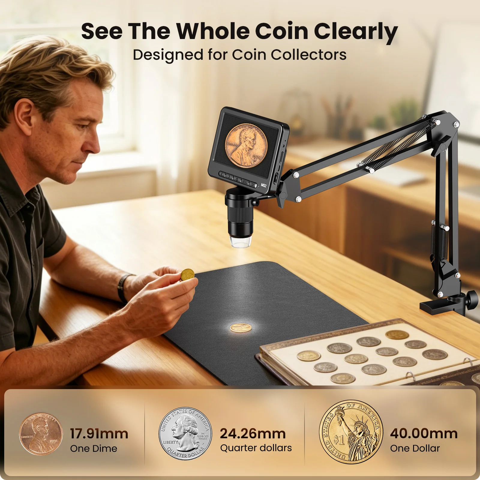 5 Inch Flexible Stand Digital Microscope 8 LED Lights Photo Video Recording PC Connect 1000X Magnification for Coin Inspection S