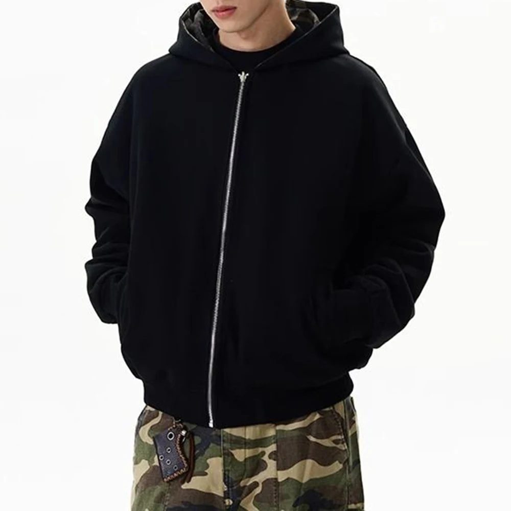 Autumn And Winter American Street Retro Fashion Double-Sided Camouflage Hooded Sweatshirt Unisex Short Cardigan Jacket Tops Men